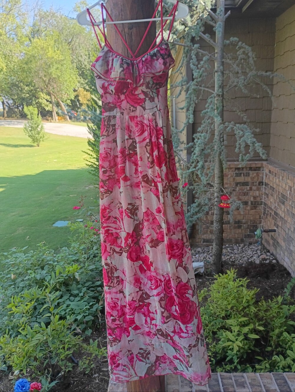 Jessica Simpson Pink Red Rose Floral Ruffled Maxi Dress